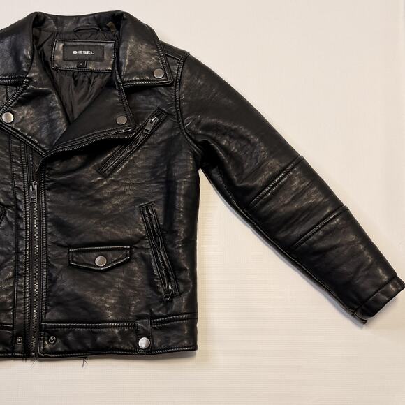 Diesel Jacket Youth 8 Black Moto Biker Leather Look Asymmetrical Zip Pockets - Picture 4 of 13